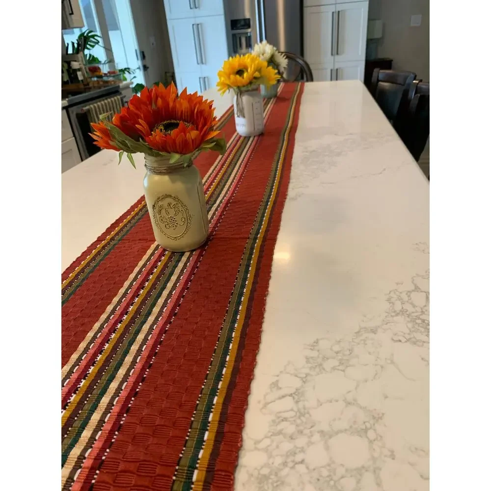 Fall Table Runner 112” Rust Red Striped Woven Tassel Thanksgiving Farmhouse